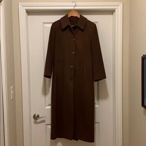 Chocolate brown long wool coat.